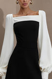 Black and White Square Neck Short Work Dress with Sleeves