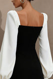 Black and White Square Neck Short Work Dress with Sleeves