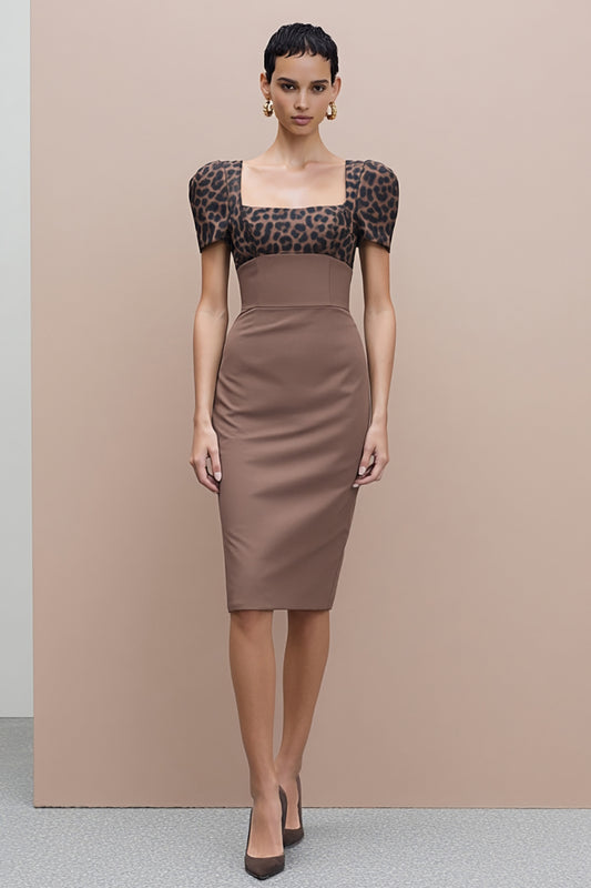 Brown Cheetah Print Pencil Square Neck Midi Work Dress with Sleeves