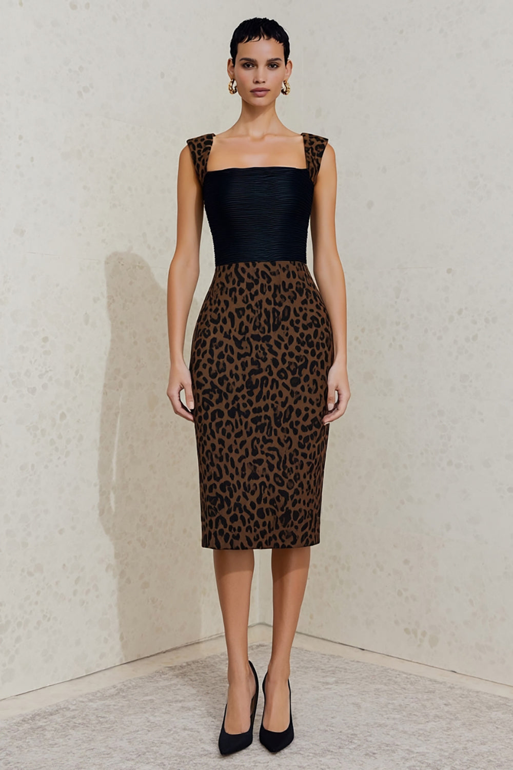 Zapakasa Women Black and Brown Cheetah Print Pencil Midi Work Dress Square Neck Backles Semi Formal Dress Zapakasa Women Black and Brown Cheetah Print Pencil Midi Work Dress Square Neck Backles Semi Formal Dress