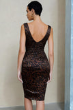 Brown Leopard Print V-Neck Ruched Pencil Midi Work Dress