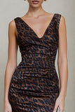 Brown Leopard Print V-Neck Ruched Pencil Midi Work Dress
