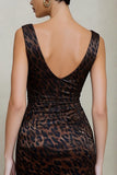 Brown Leopard Print V-Neck Ruched Pencil Midi Work Dress