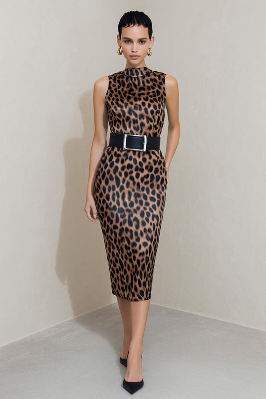 Brown Leopard Print Pencil Midi Work Dress with Belt