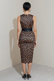 Brown Leopard Print Pencil Midi Work Dress with Belt