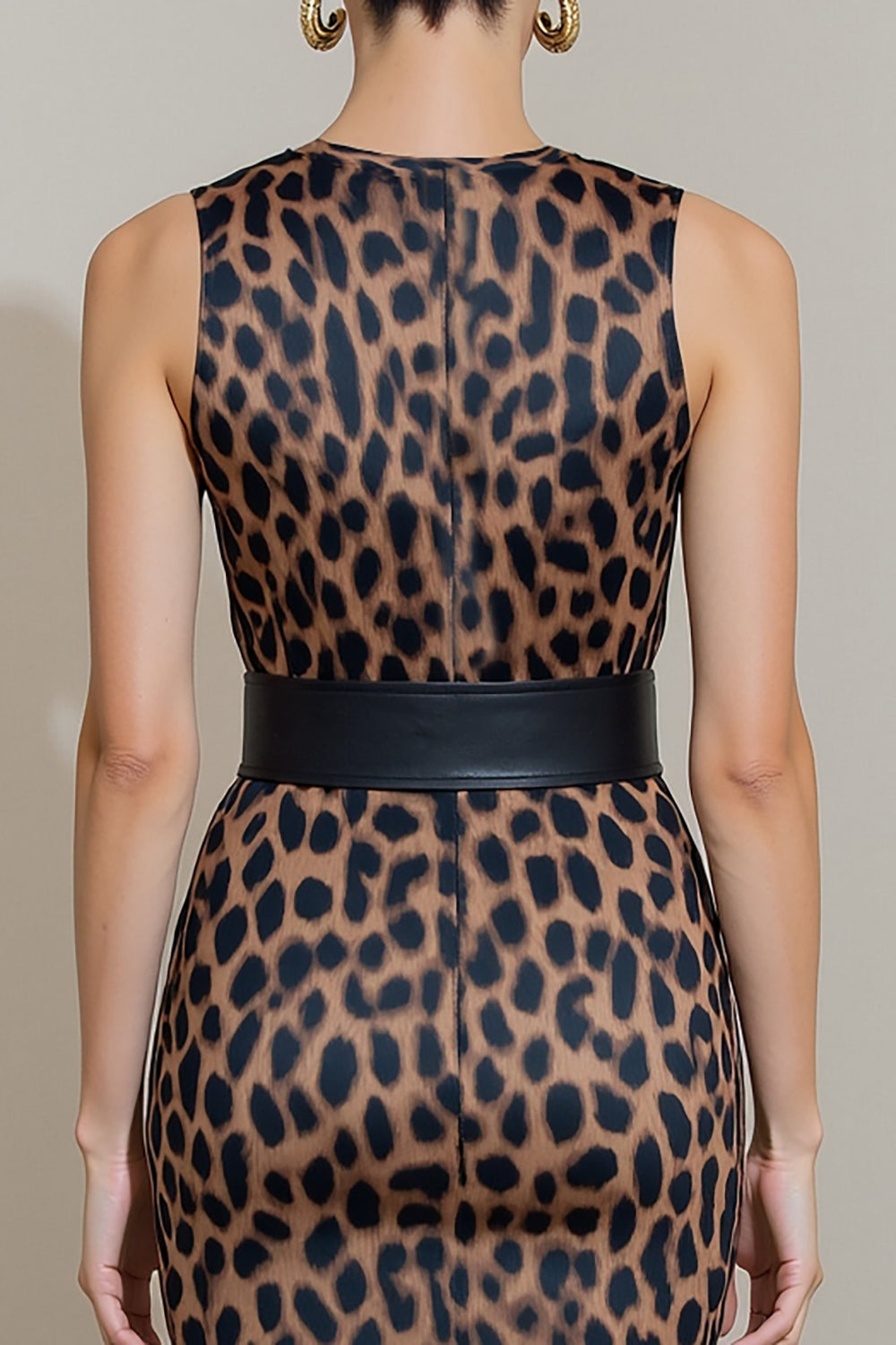 Brown Leopard Print Pencil Midi Work Dress with Belt