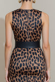 Brown Leopard Print Pencil Midi Work Dress with Belt