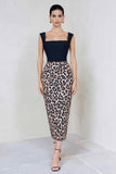 Black and Brown Leopard Print Pencil Midi Work Dress