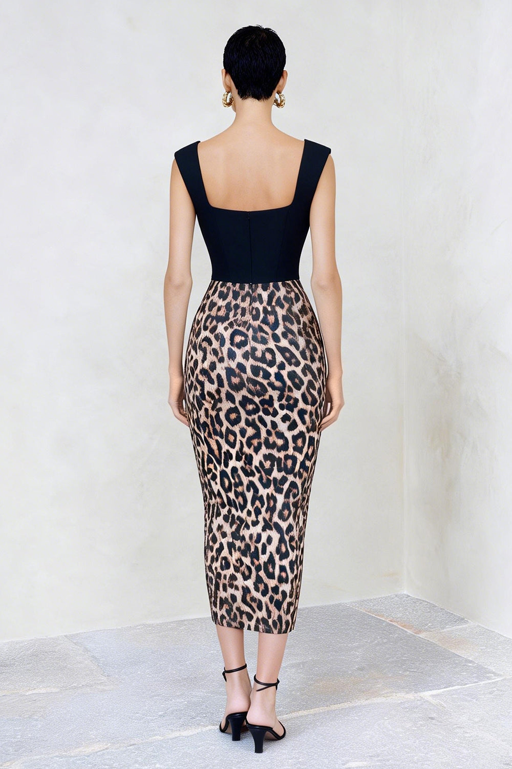 Black and Brown Leopard Print Pencil Midi Work Dress