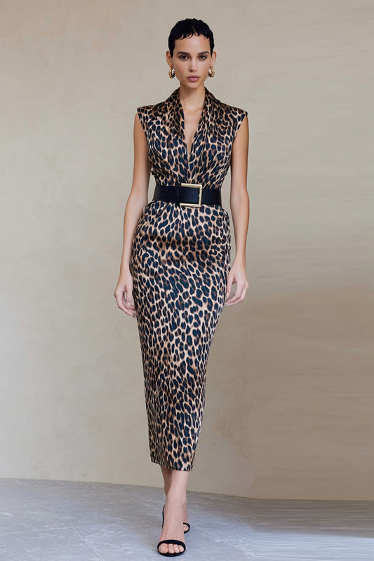 Brown Leopard Print V-Neck Sheath Long Work Dress with Belt