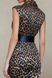 Brown Leopard Print V-Neck Sheath Long Work Dress with Belt
