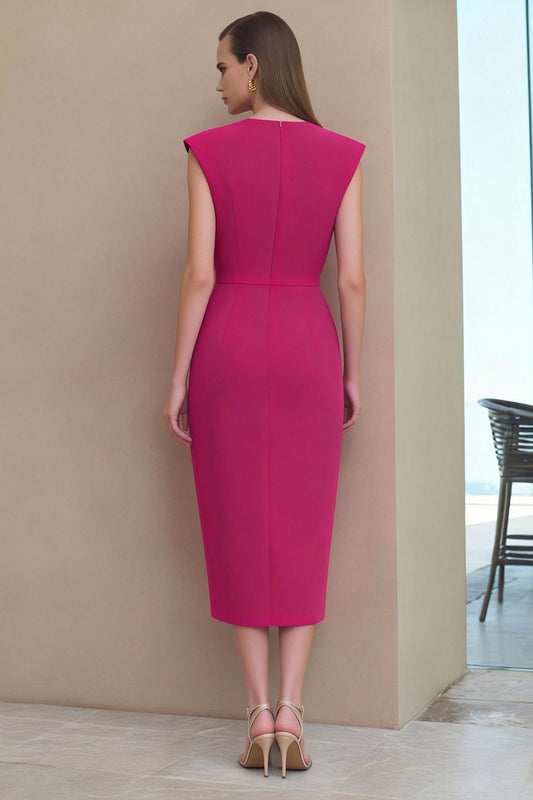 Fuchsia V-Neck Ruched Pencil Midi Work Dress