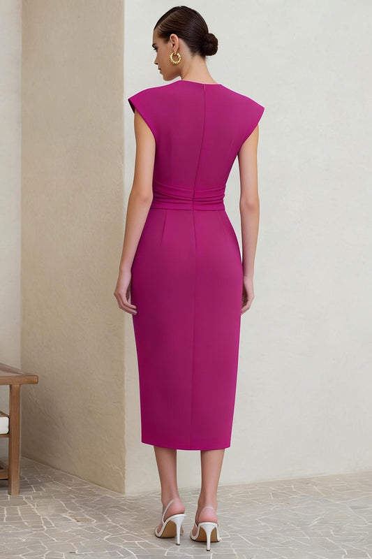 Fuchsia V-Neck Pencil Ruched Midi Work Dress