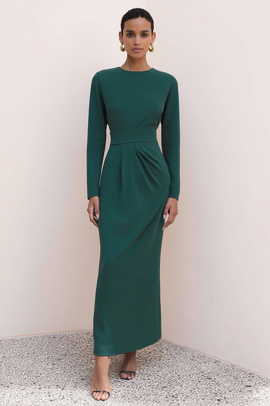 Dark Green Pencil Crew Neck Long Work Dress with Sleeves