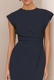 Navy Round Neck Pencil Ruched Midi Work Dress with Slit