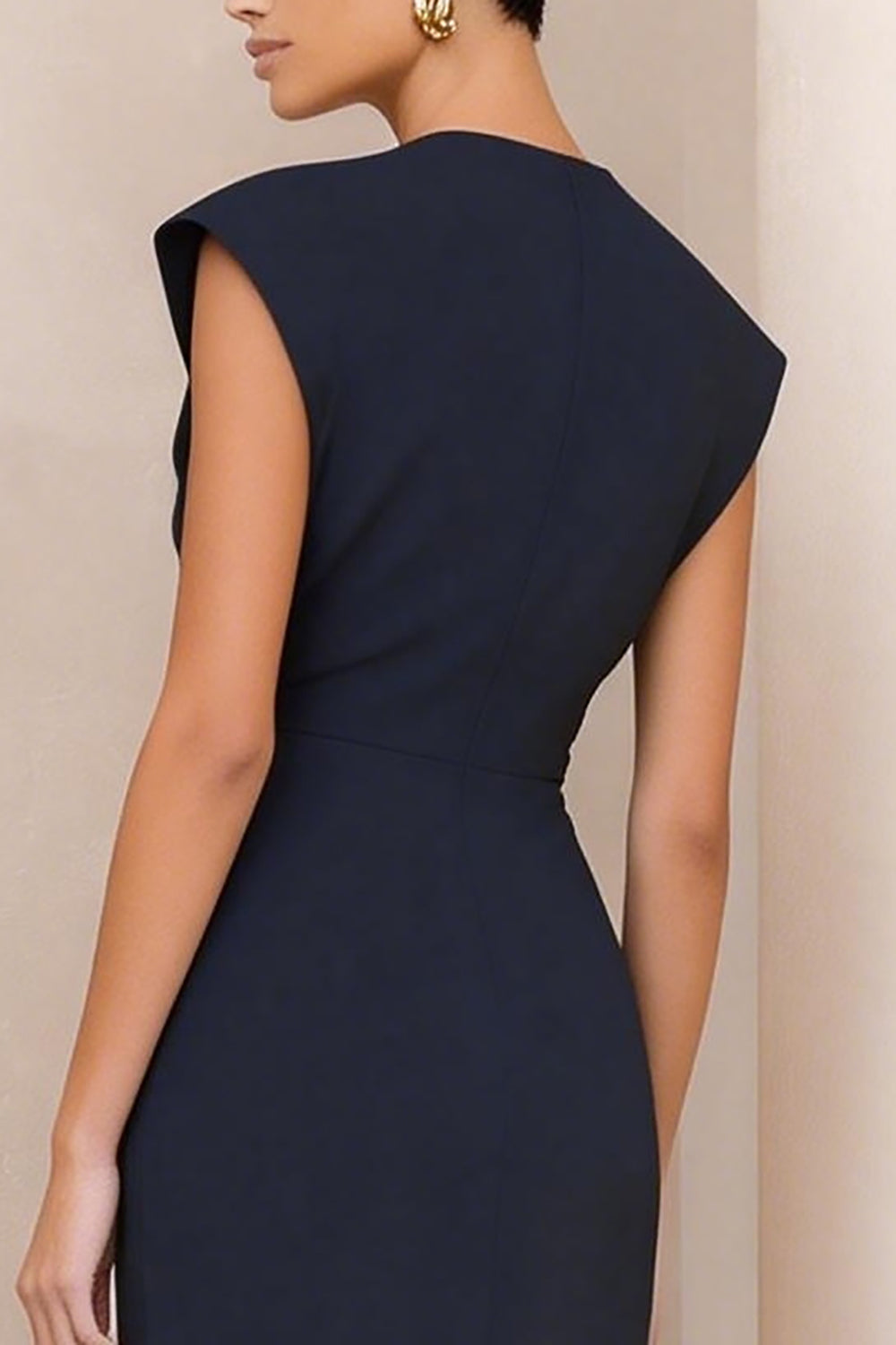Navy Round Neck Pencil Ruched Midi Work Dress with Slit