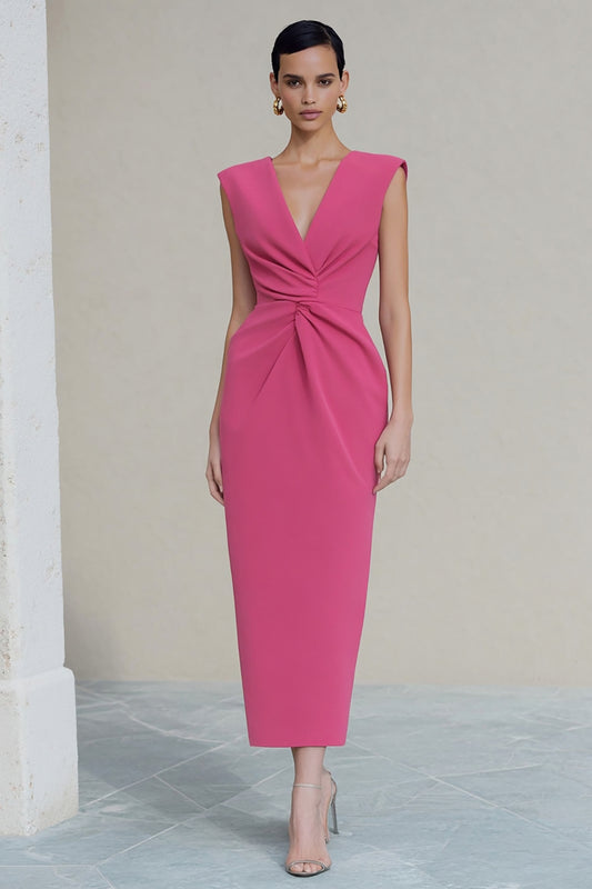 Hot Pink V-Neck Pencil Ruched Long Work Dress with Slit