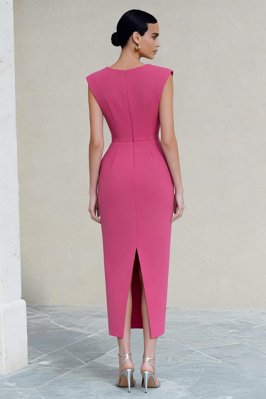Hot Pink V-Neck Pencil Ruched Long Work Dress with Slit