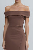 Brown Off the Shoulder Pencil Midi Work Dress with Slit