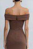 Brown Off the Shoulder Pencil Midi Work Dress with Slit