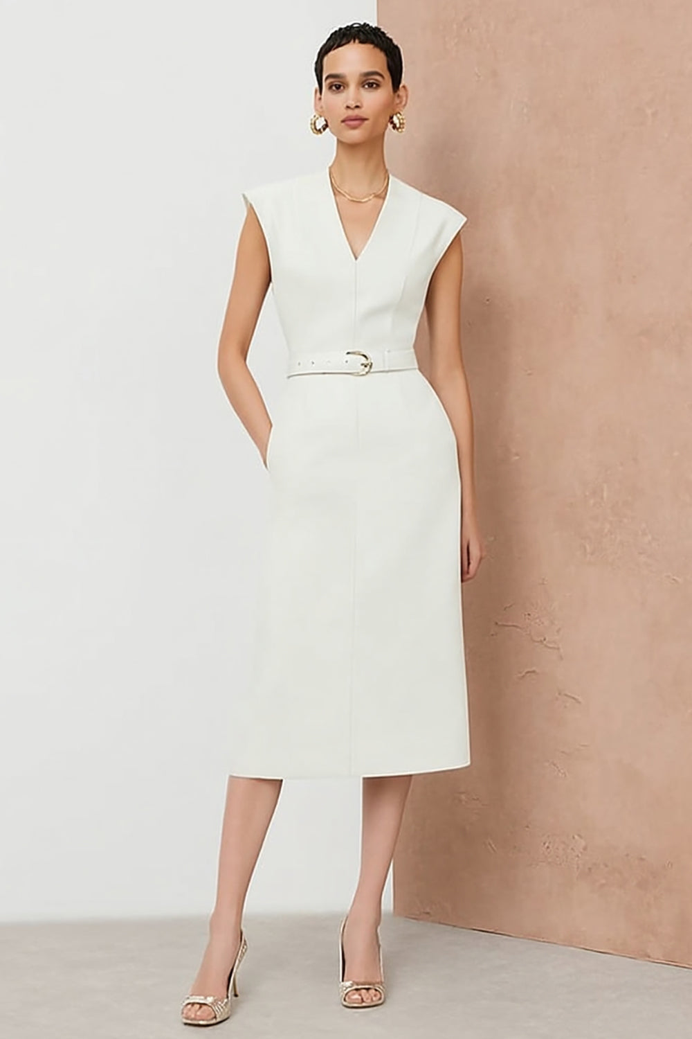White V-Neck Pencil Midi Work Dress with Belt