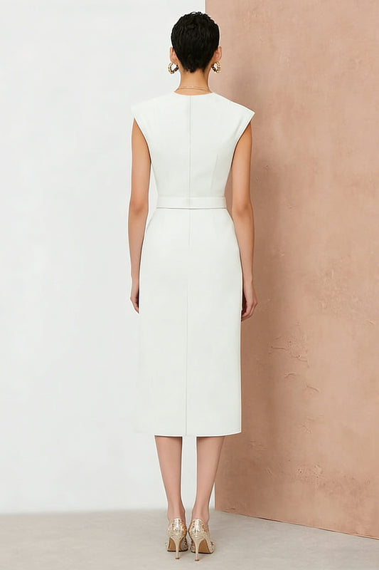 White V-Neck Pencil Midi Work Dress with Belt