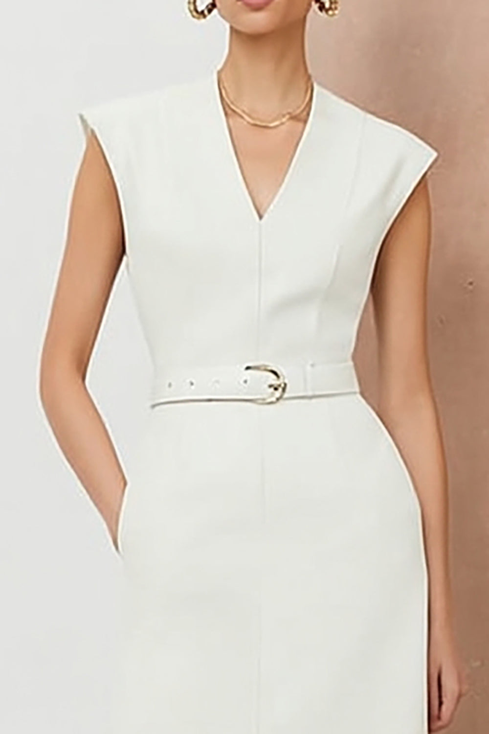 White V-Neck Pencil Midi Work Dress with Belt