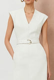 White V-Neck Pencil Midi Work Dress with Belt
