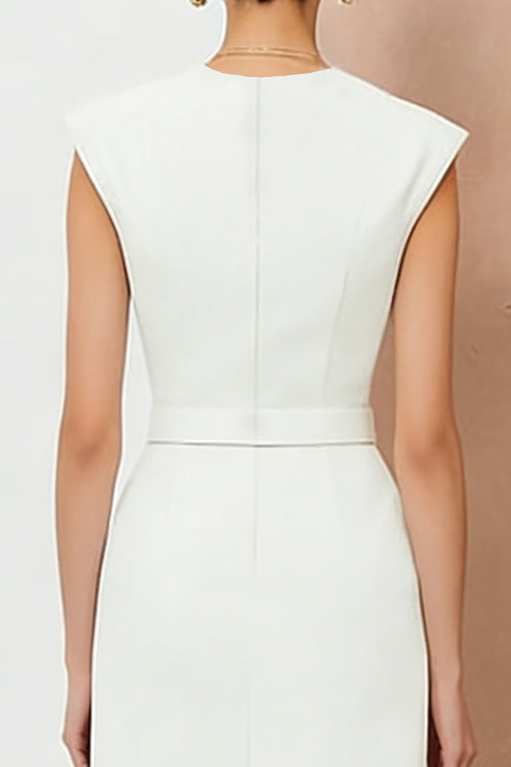White V-Neck Pencil Midi Work Dress with Belt