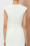 White V-Neck Pencil Midi Work Dress with Belt