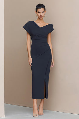 Navy Asymmetrical Neck Pencil Ruched Long Work Dress