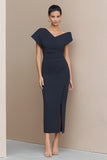 Navy Asymmetrical Neck Pencil Ruched Long Work Dress