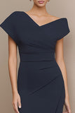 Navy Asymmetrical Neck Pencil Ruched Long Work Dress