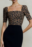 Black and Brown Square Neck Leopard Print Midi Work Dress