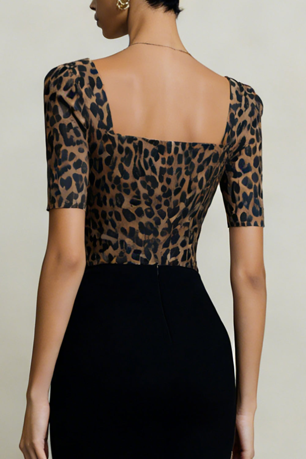 Black and Brown Square Neck Leopard Print Midi Work Dress