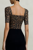 Black and Brown Square Neck Leopard Print Midi Work Dress