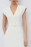 Ivory V-Neck Cap Sleeves Pencil Midi Work Dress with Belt
