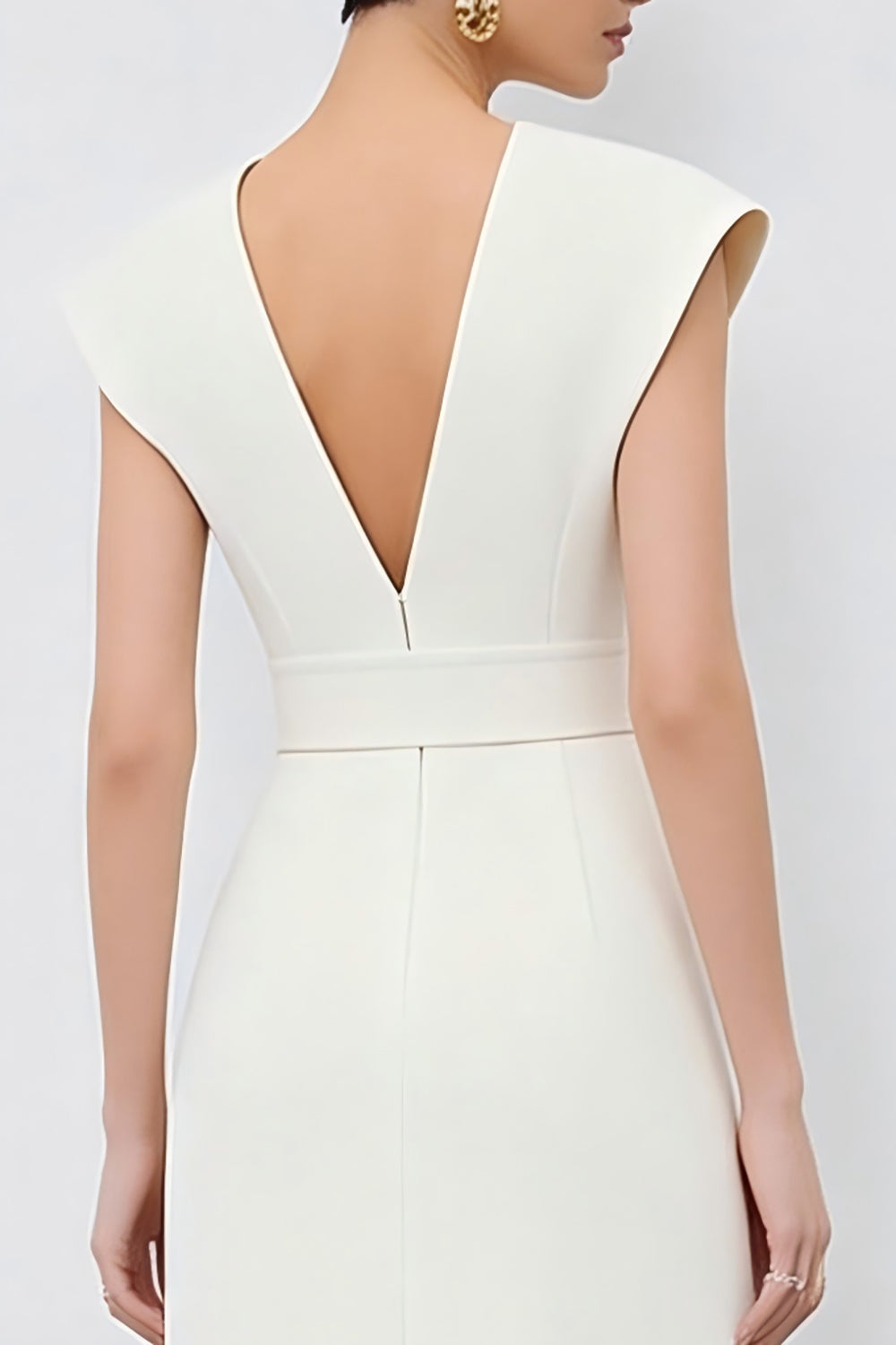 Ivory V-Neck Cap Sleeves Pencil Midi Work Dress with Belt