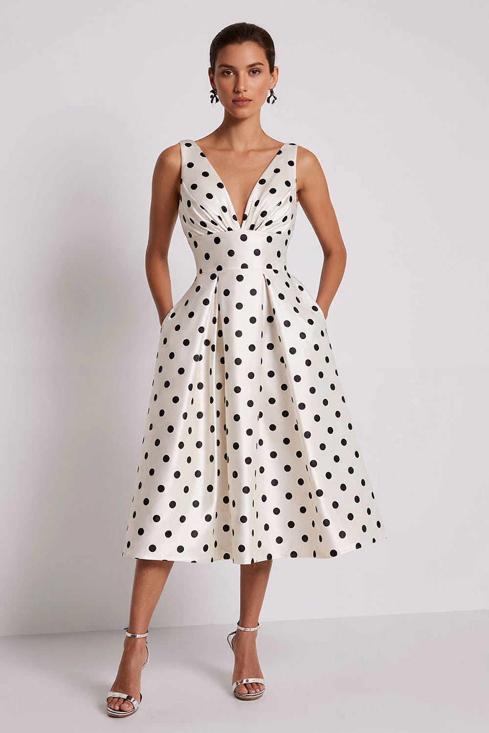 White and Black Polka Dots A Line Midi Work Dress