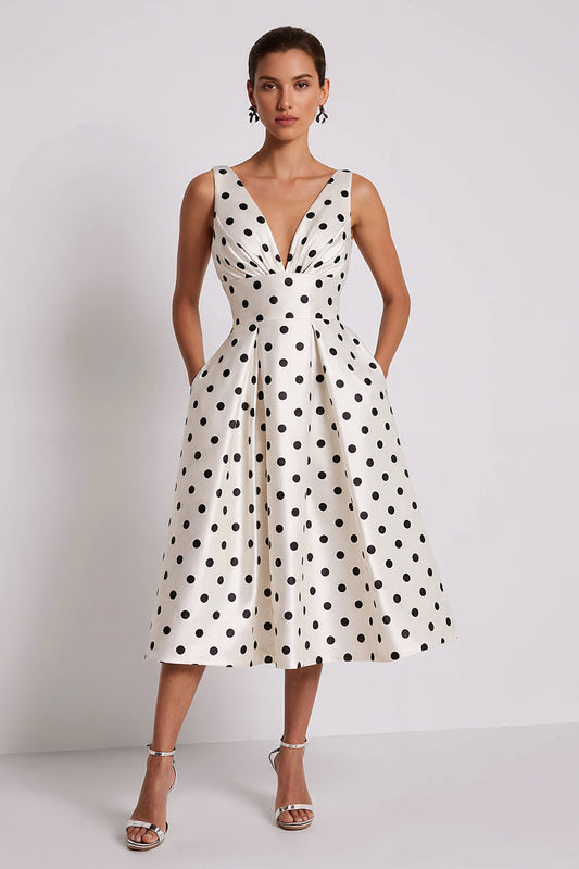 White and Black Polka Dots A Line Midi Work Dress