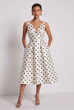 White and Black Polka Dots A Line Midi Work Dress