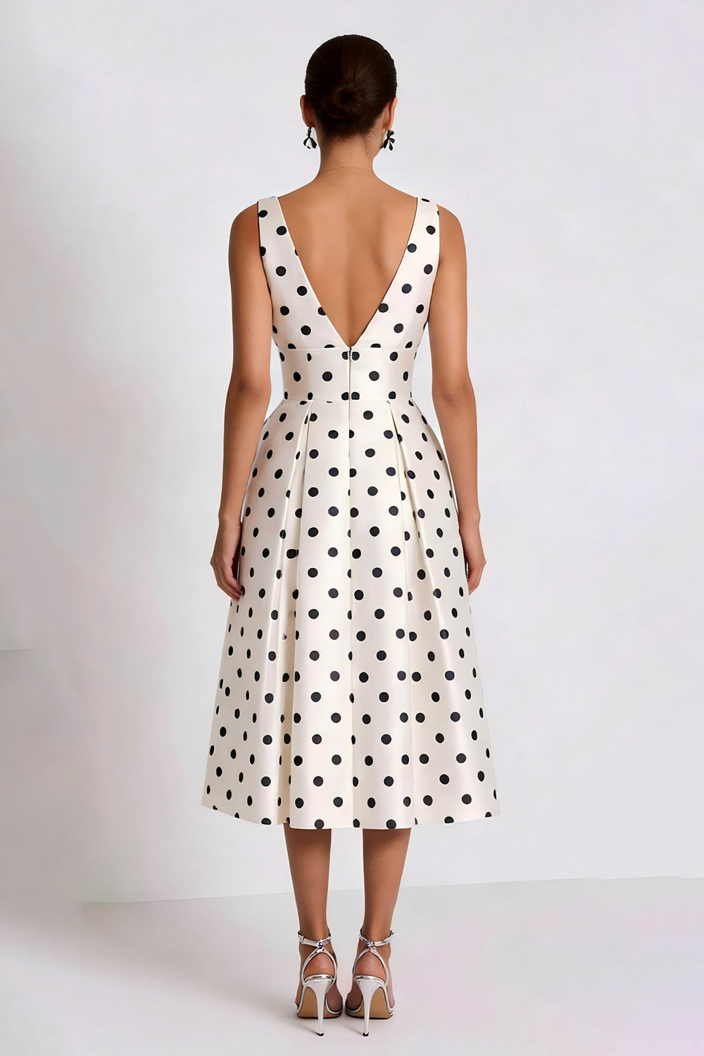 White and Black Polka Dots A Line Midi Work Dress