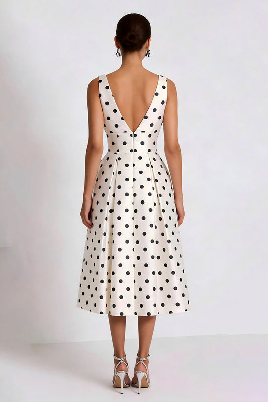 White and Black Polka Dots A Line Midi Work Dress