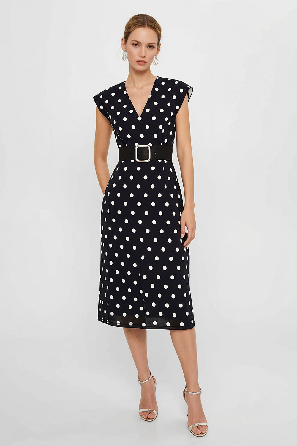 White and Black Polka Dots Pencil Midi Work Dress with Belt