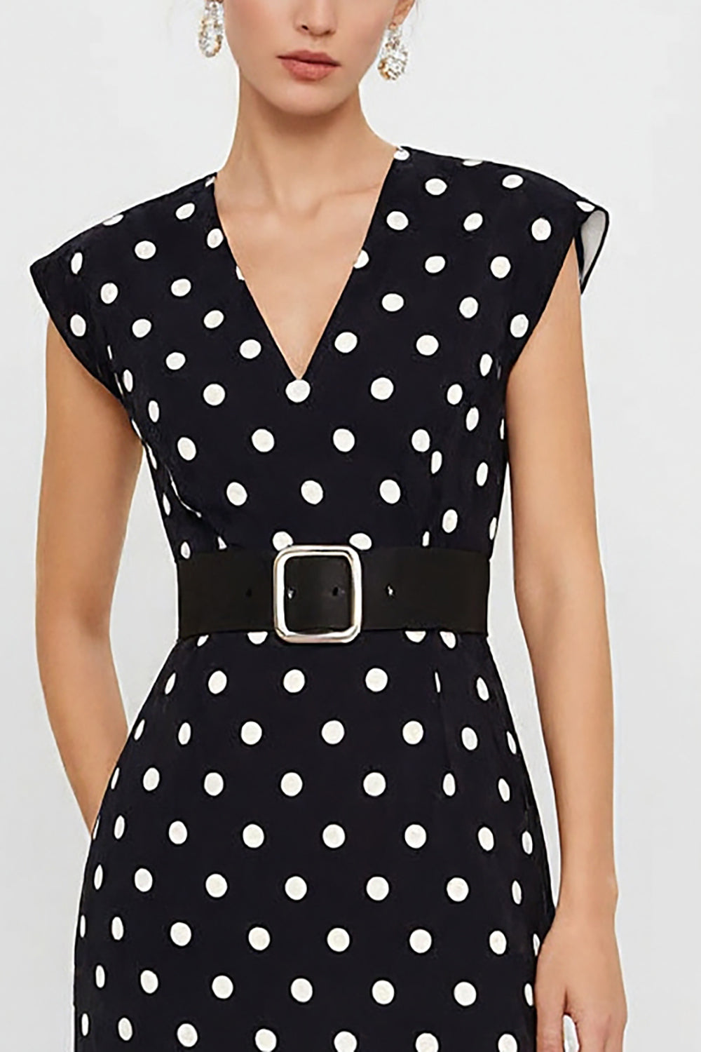 White and Black Polka Dots Pencil Midi Work Dress with Belt