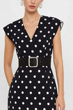 White and Black Polka Dots Pencil Midi Work Dress with Belt