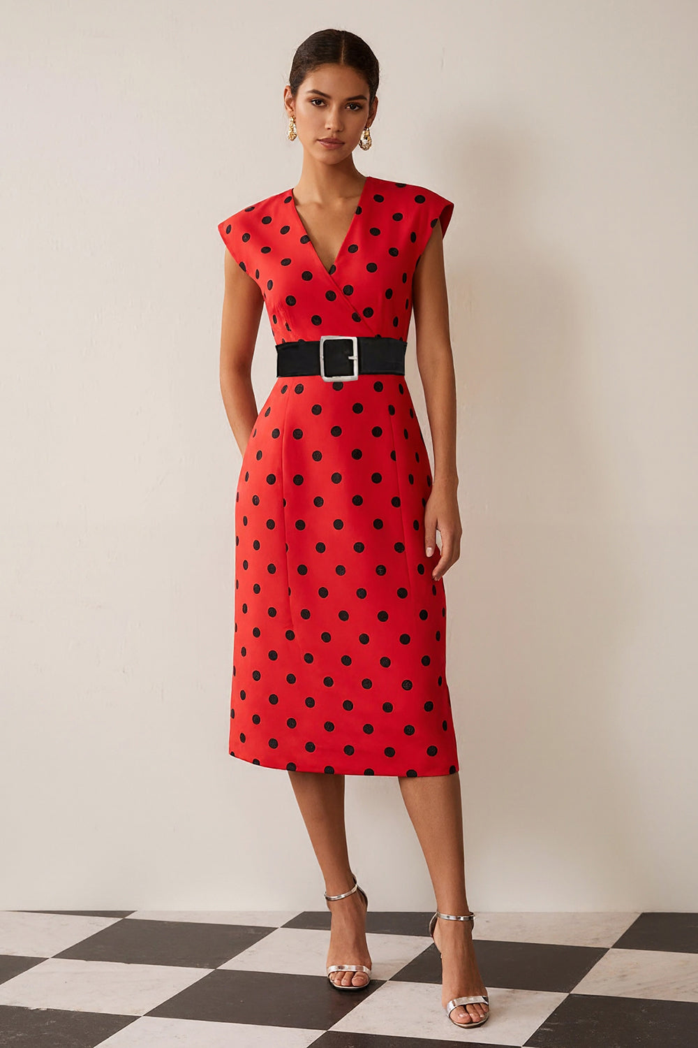 White and Black Polka Dots Pencil Midi Work Dress with Belt
