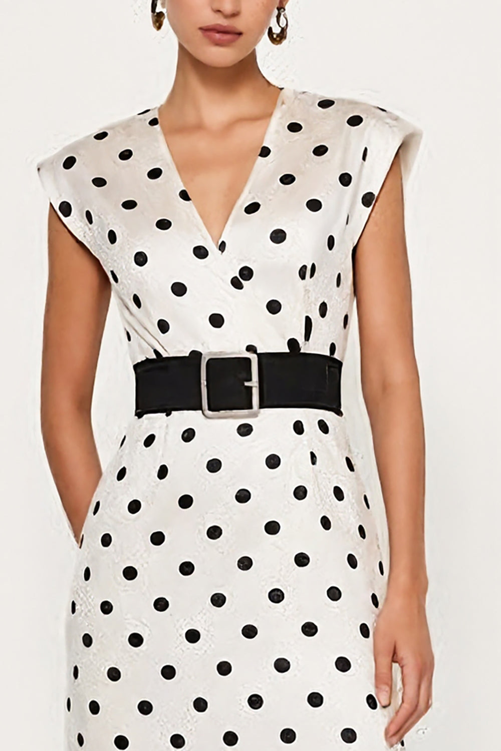 White and Black Polka Dots Pencil Midi Work Dress with Belt