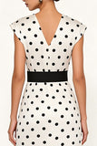 White and Black Polka Dots Pencil Midi Work Dress with Belt