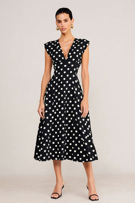 Black and White Polka Dots V-Neck A Line Midi Work Dress